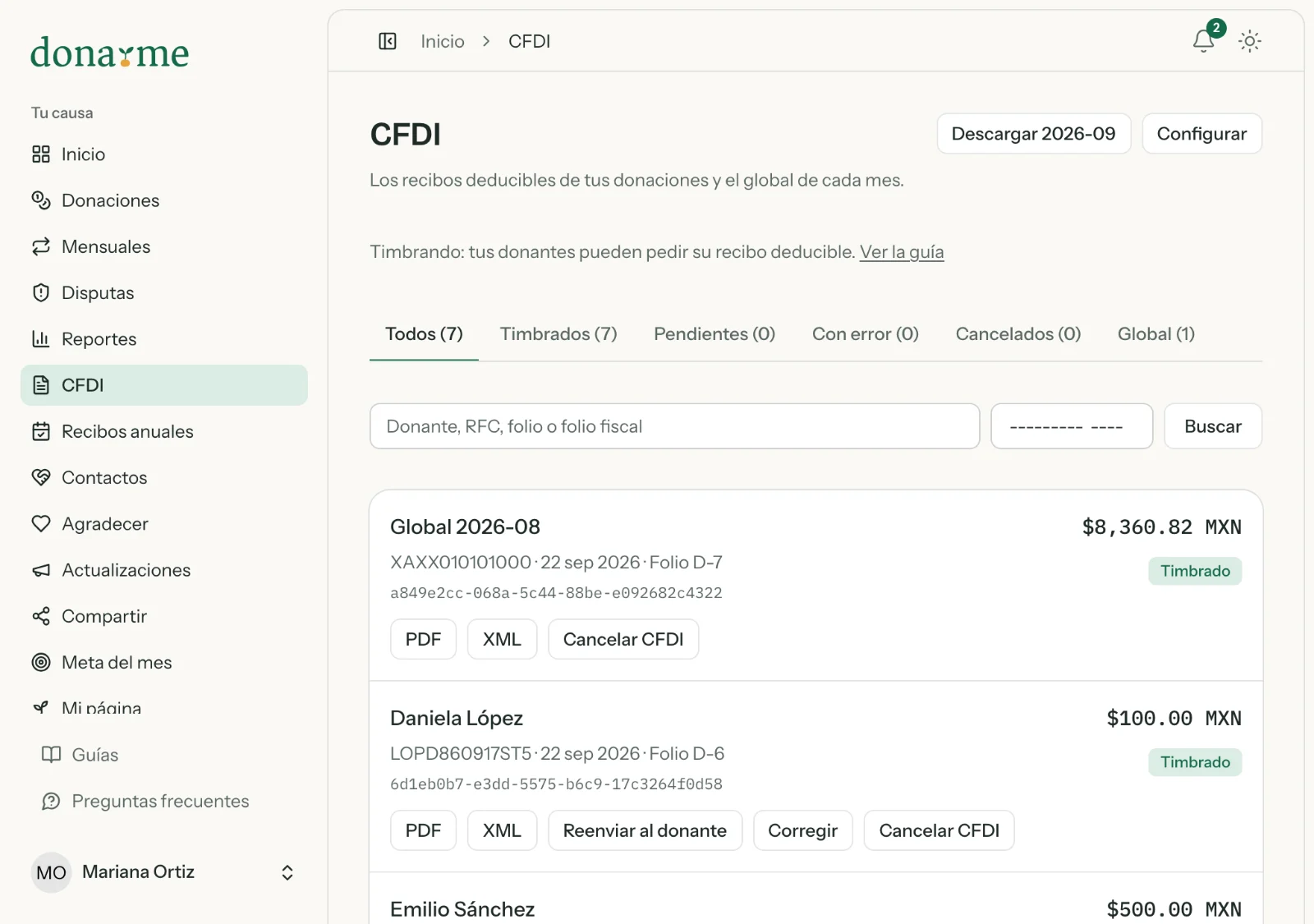 Pantalla CFDI con los comprobantes de donativo timbrados, su folio fiscal y su estado