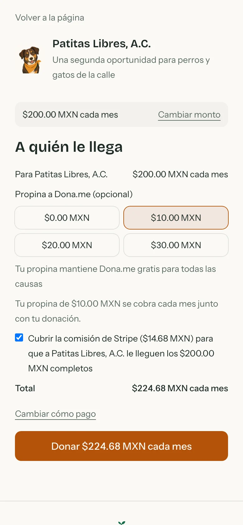 Formulario de donar con el monto para la causa, la propina opcional y la casilla para cubrir la comisión de Stripe