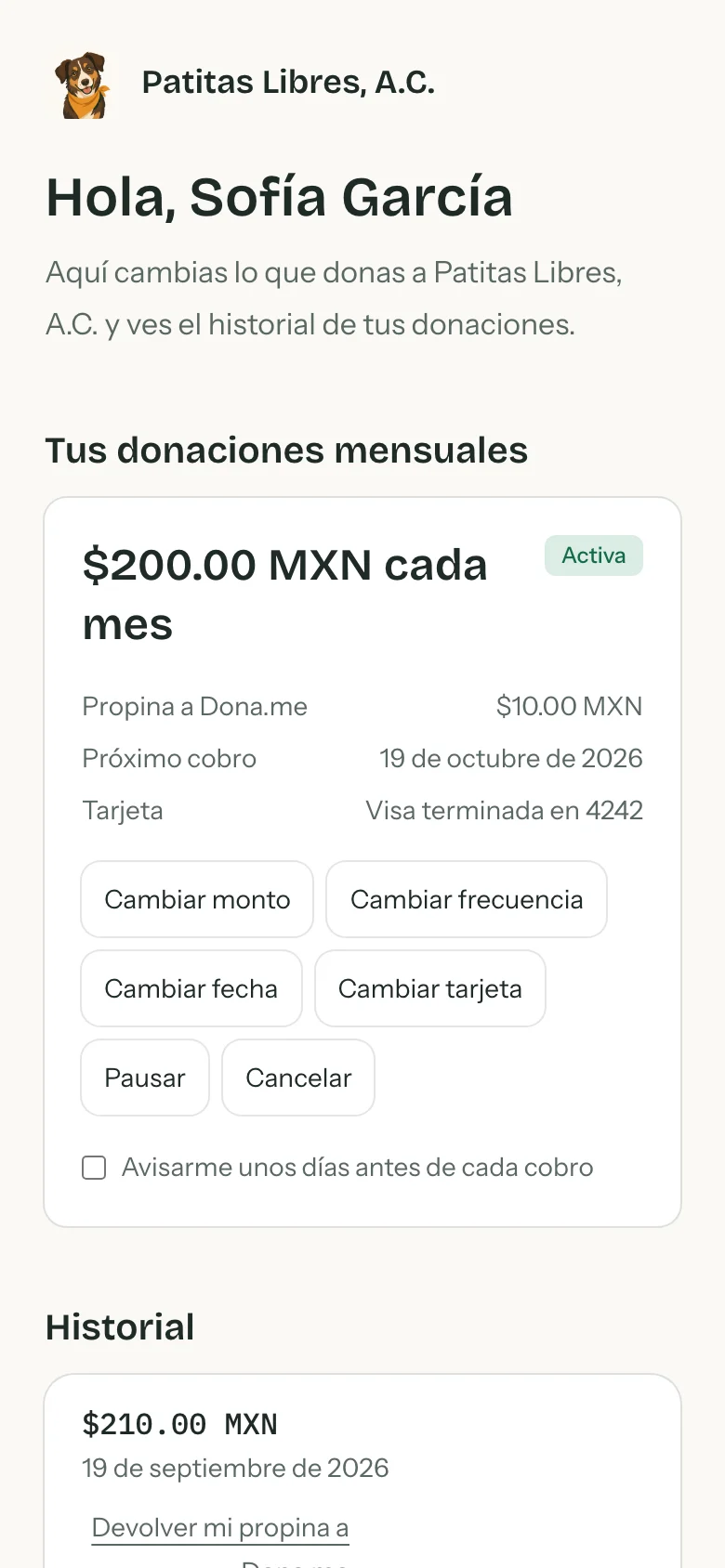 Portal del donante con su donación mensual y los botones para cambiar el monto, la fecha o la tarjeta, pausar o cancelar