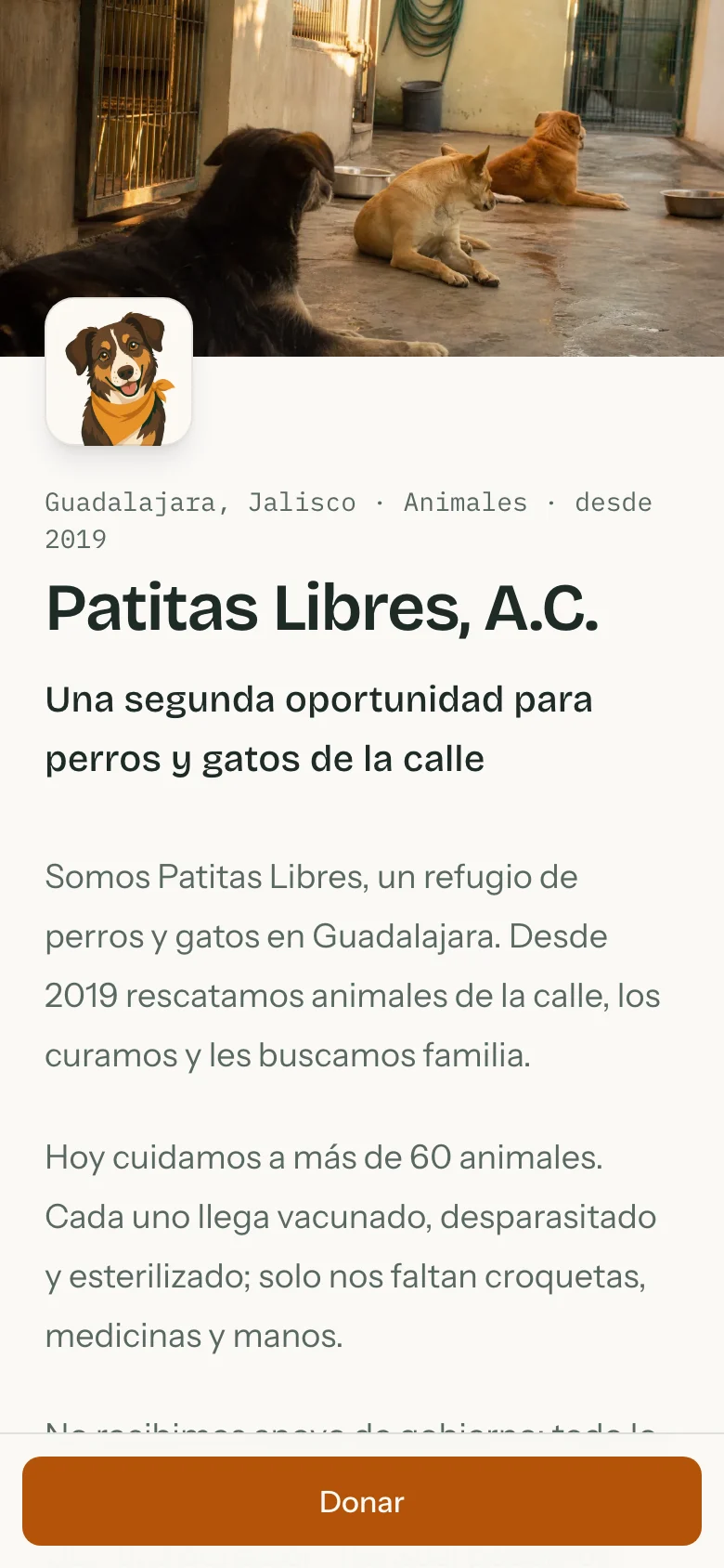 Página pública de una causa en el celular, con su portada, su historia y el botón Donar