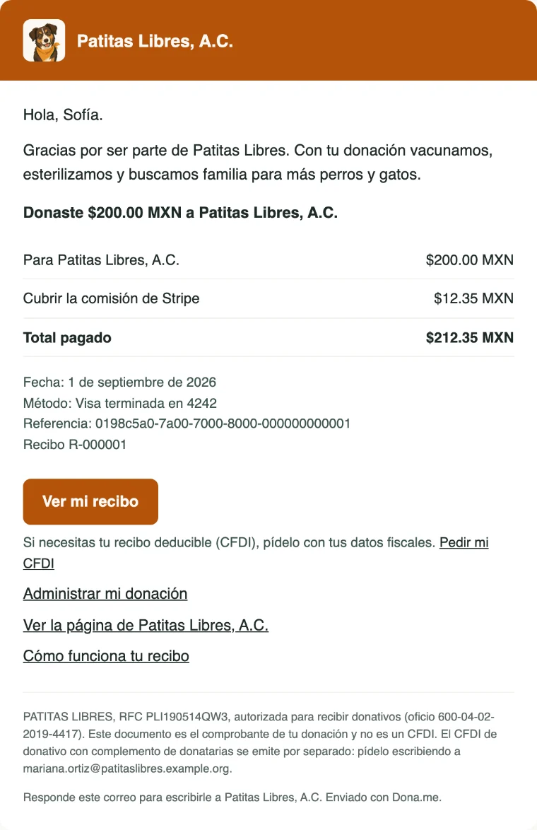 Correo de recibo con el agradecimiento de la causa, el desglose de la donación y el botón Ver mi recibo